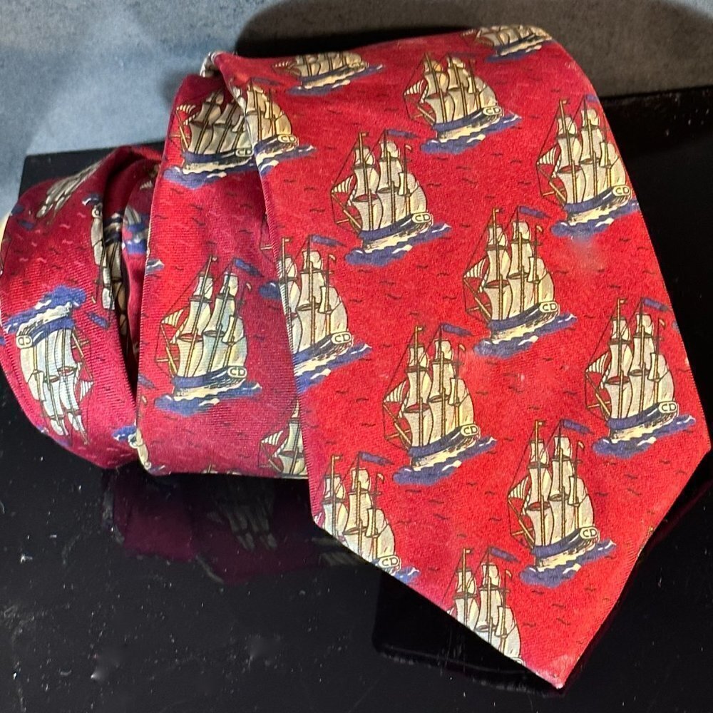Dior Mid Century Modern Neckwear Tie 100% All Silk Red Sailboat Schooners Ship - Picture 5 of 8